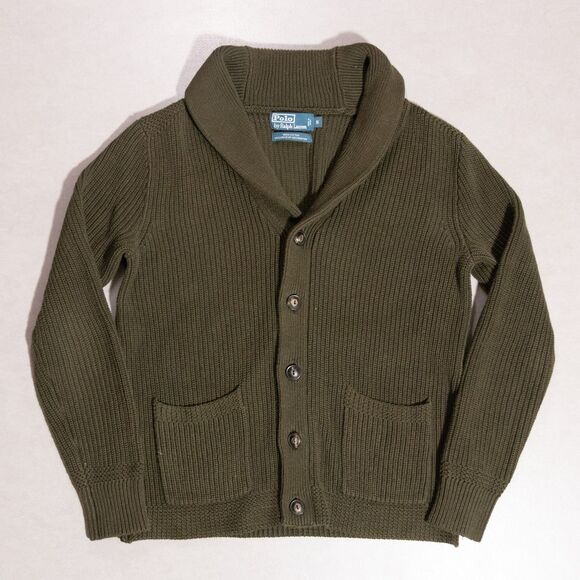 VTG Polo Ralph Lauren Olive Green Shawl Collar Knit Cardigan Sweater Men's Small - Picture 1 of 6
